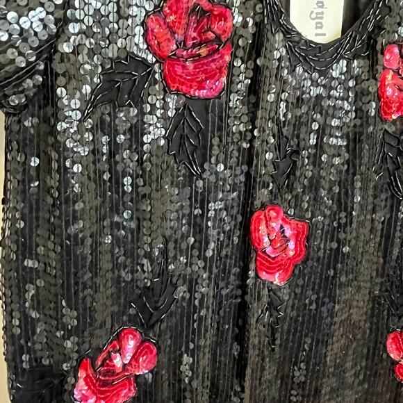 Vintage Y2K Silk Beaded Sequin Women Shirt Size 1X Black Roses Whimsigoth Witchy - Picture 8 of 12